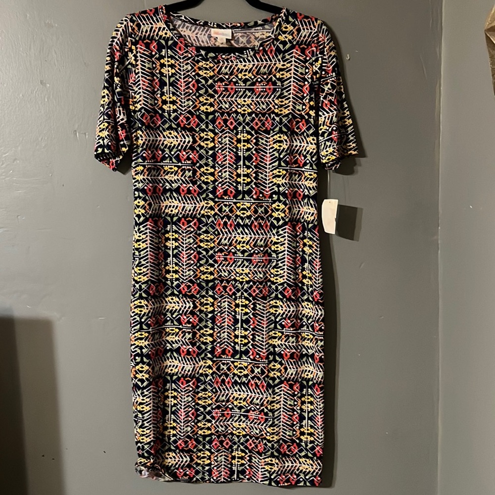 NWT Lularoe Julia dress in geometric multi print. Size M.